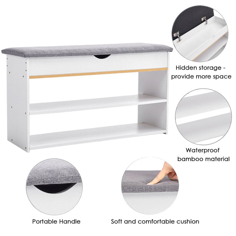 Shoe Storage Bench With Flip-Top Cushion & Open Shelves Hallway Organiser Living and Home 
