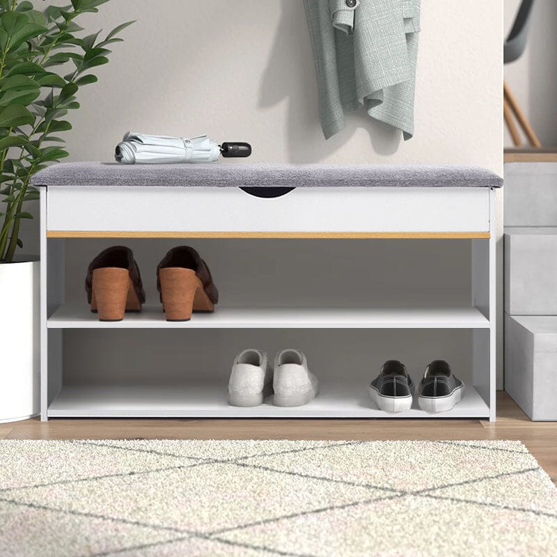 Shoe Storage Bench With Flip-Top Cushion & Open Shelves Hallway Organiser Living and Home 