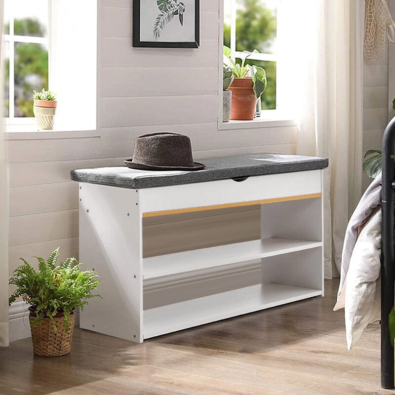 Shoe Storage Bench With Flip-Top Cushion & Open Shelves Hallway Organiser Living and Home 