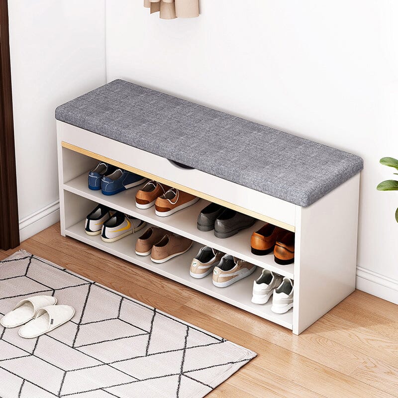 Shoe Storage Bench With Flip-Top Cushion & Open Shelves Hallway Organiser Living and Home 