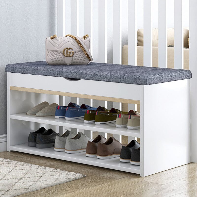 Shoe Storage Bench With Flip-Top Cushion & Open Shelves Hallway Organiser Living and Home Warm white 