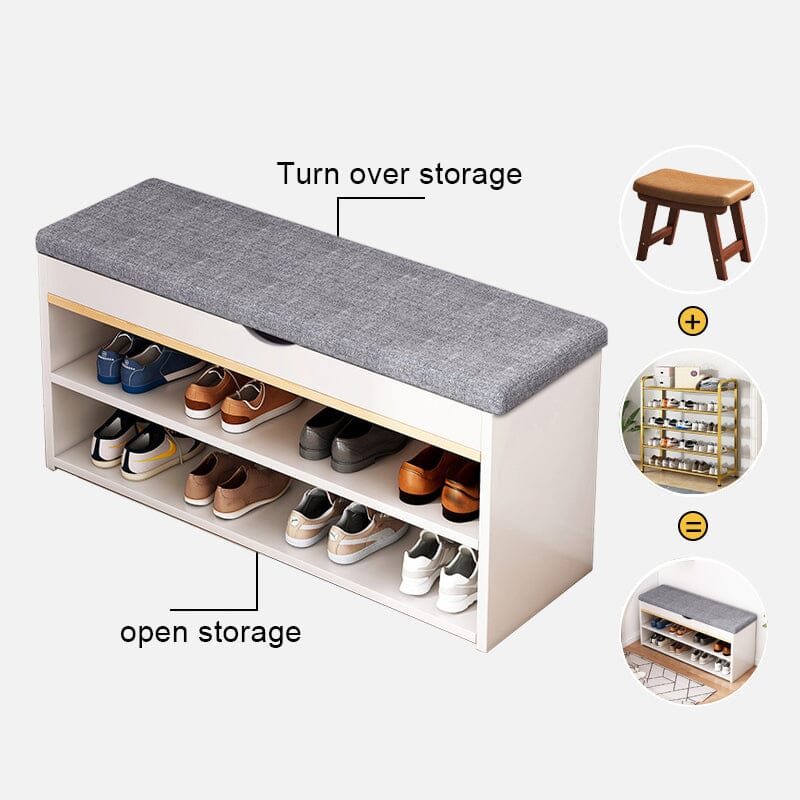 Shoe Storage Bench With Flip-Top Cushion & Open Shelves Hallway Organiser Living and Home 