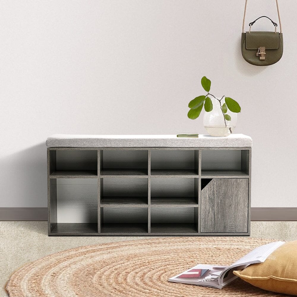 Wood Effect Shoe Storage Bench With Linen Cushion 10-Compartment Hallway Organiser Living and Home 