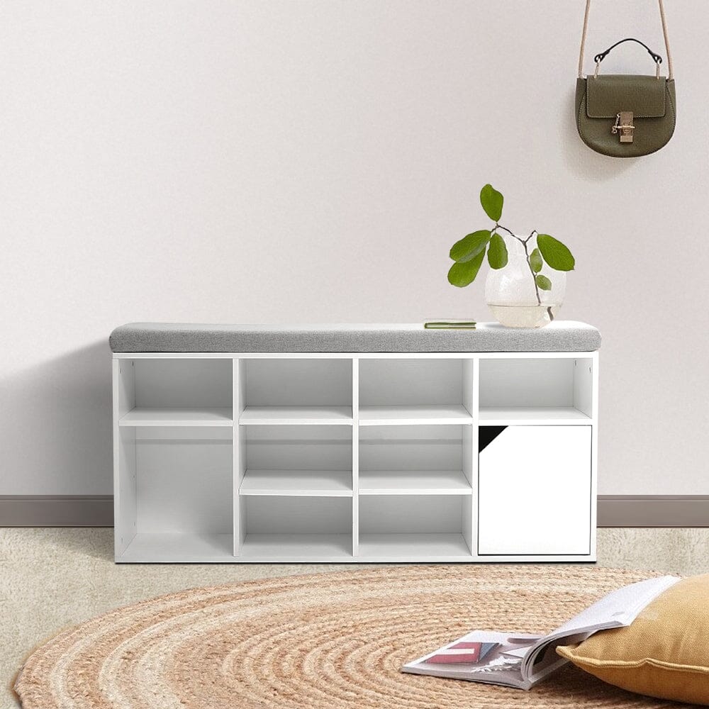 Wood Effect Shoe Storage Bench With Linen Cushion 10-Compartment Hallway Organiser Living and Home White 