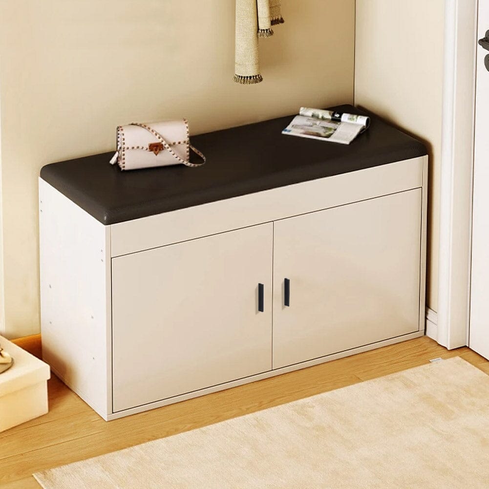 White 2-Door Shoe Storage Bench With Black PU Cushion Hallway Organiser Living and Home 