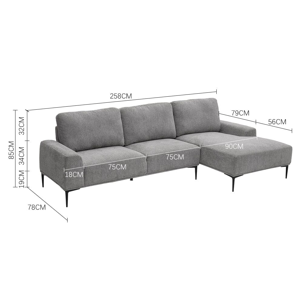 2 Seater Chaise Corner Sofa Light Grey Polyester Wood Frame Spring Cushion Living and Home 