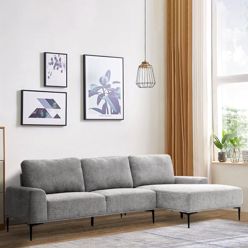 2 Seater Chaise Corner Sofa Light Grey Polyester Wood Frame Spring Cushion Living and Home 