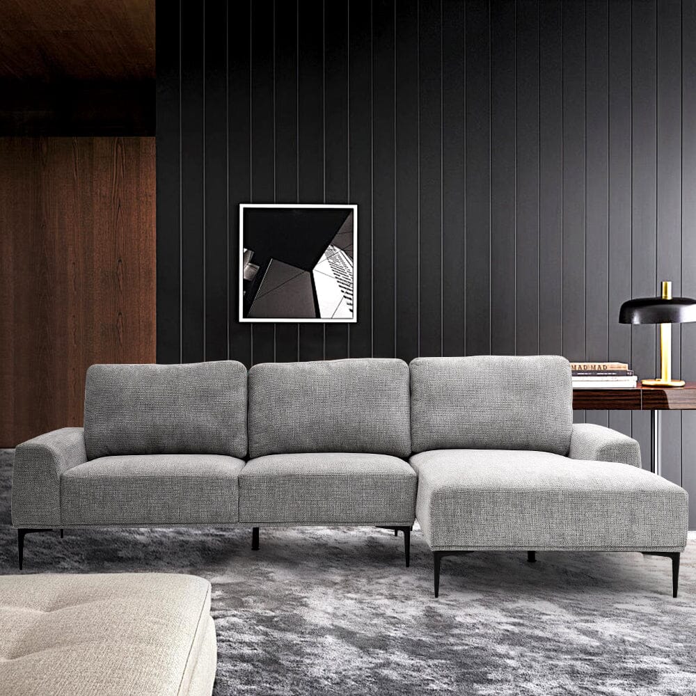 2 Seater Chaise Corner Sofa Light Grey Polyester Wood Frame Spring Cushion Living and Home 