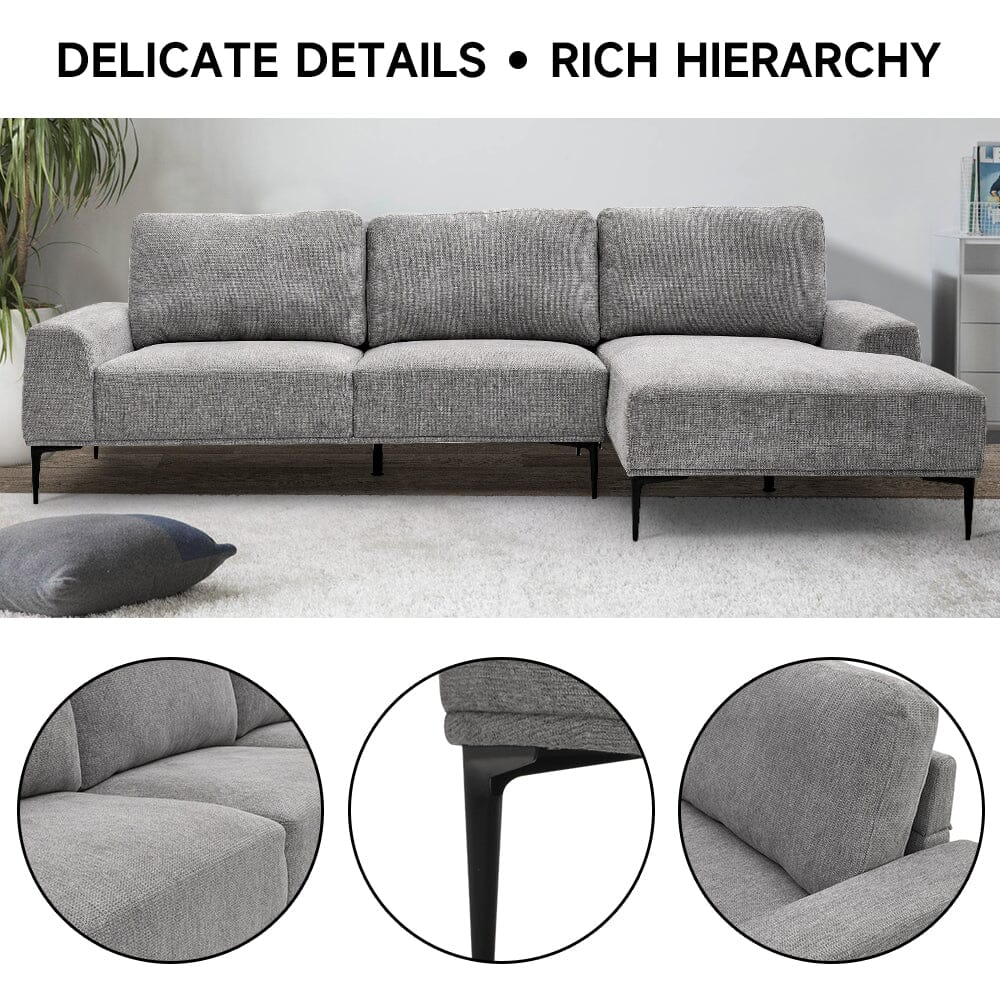 2 Seater Chaise Corner Sofa Light Grey Polyester Wood Frame Spring Cushion Living and Home 