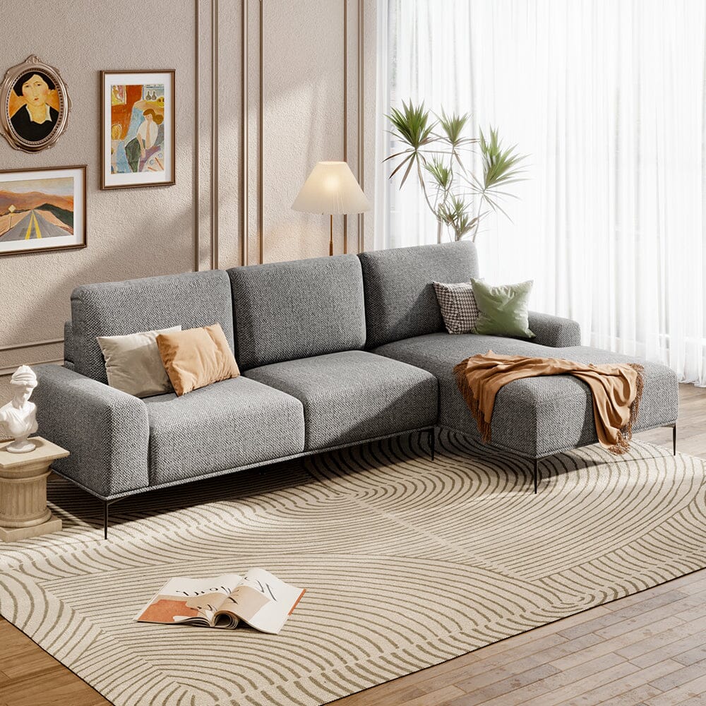2 Seater Chaise Corner Sofa Light Grey Polyester Wood Frame Spring Cushion Living and Home 