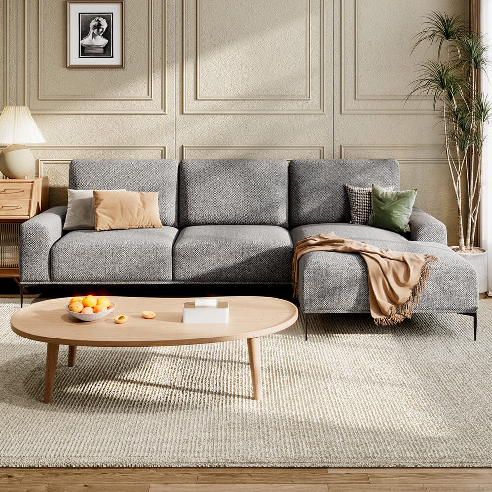 2 Seater Chaise Corner Sofa Light Grey Polyester Wood Frame Spring Cushion Living and Home 