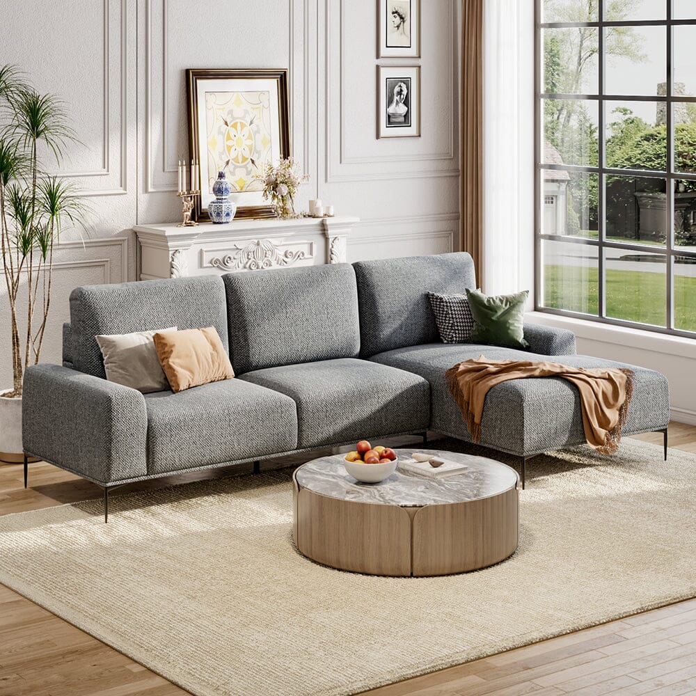2 Seater Chaise Corner Sofa Light Grey Polyester Wood Frame Spring Cushion Living and Home 