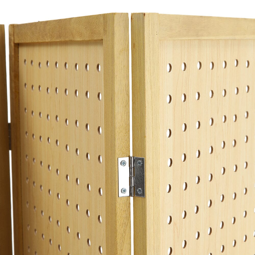 Natural Wood Round-Hole Screen with Four Panels in Paulownia Wood Living and Home 