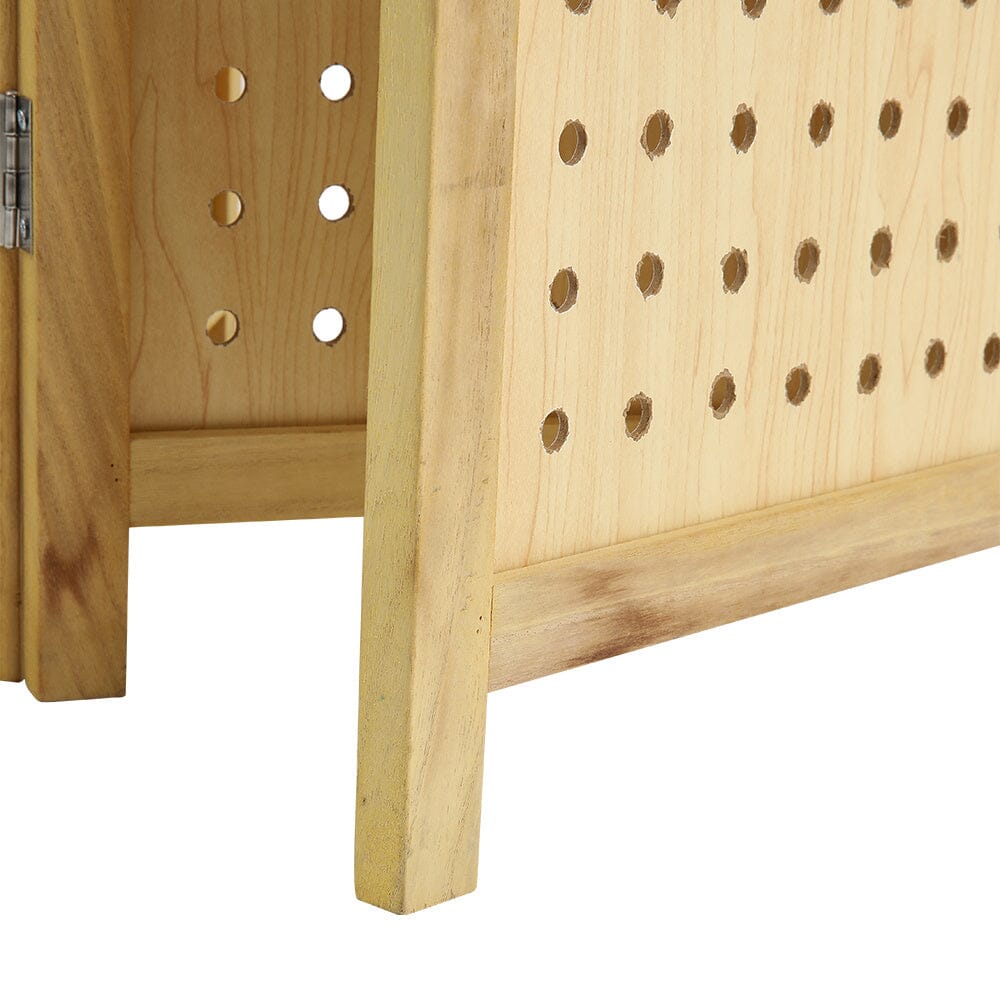 Natural Wood Round-Hole Screen with Four Panels in Paulownia Wood Living and Home 
