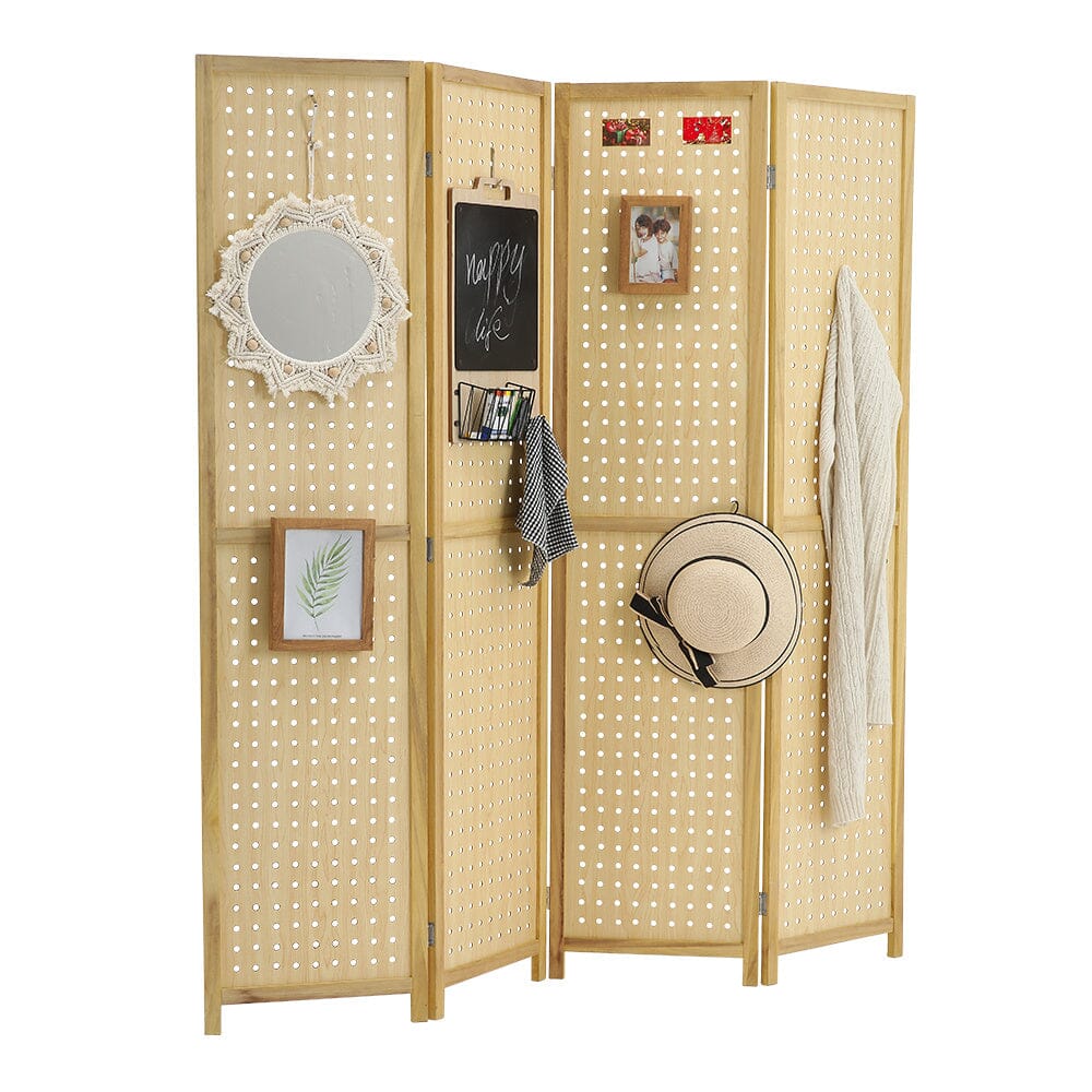 Natural Wood Round-Hole Screen with Four Panels in Paulownia Wood Living and Home 