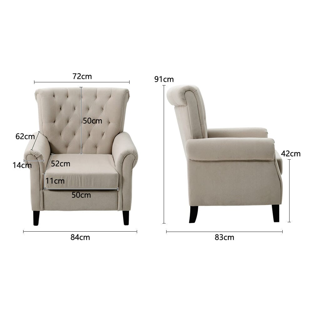 Accent Chair Velvet Beige Grey Oak Legs Wooden Frame Living and Home 
