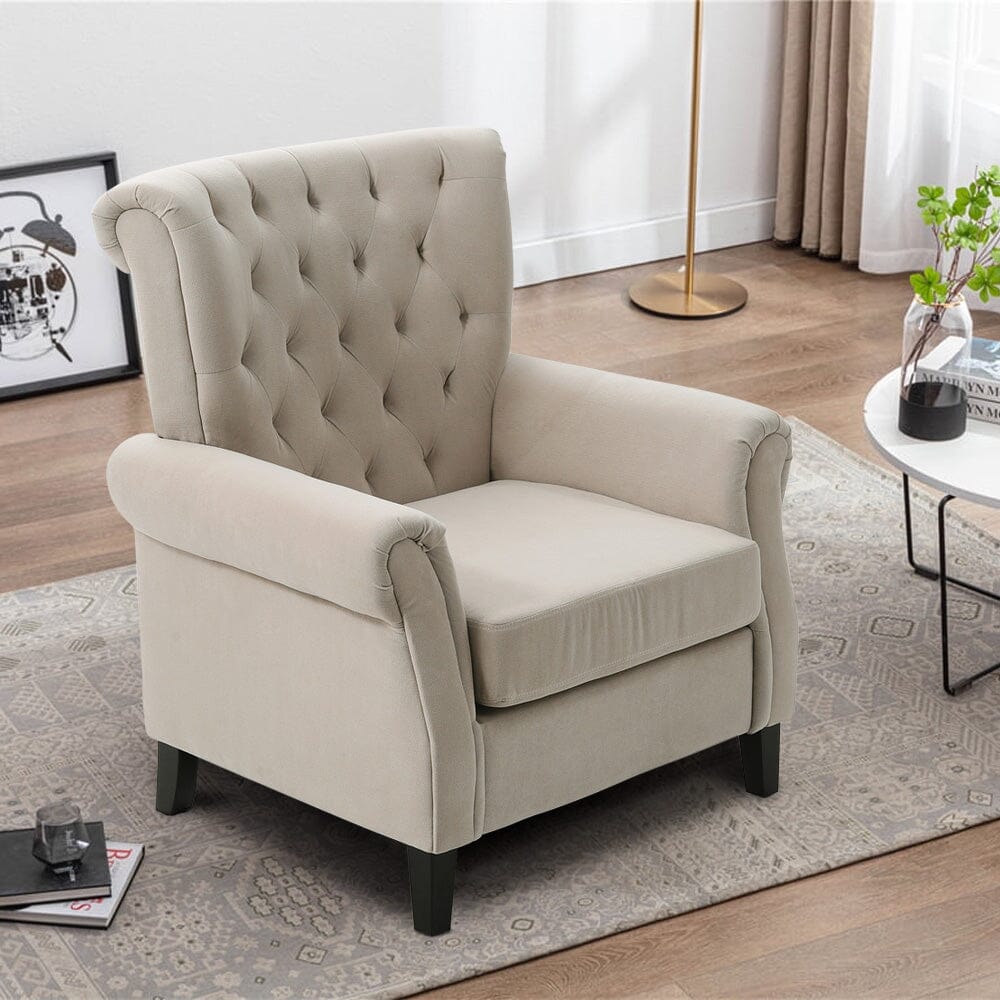 Accent Chair Velvet Beige Grey Oak Legs Wooden Frame Living and Home 