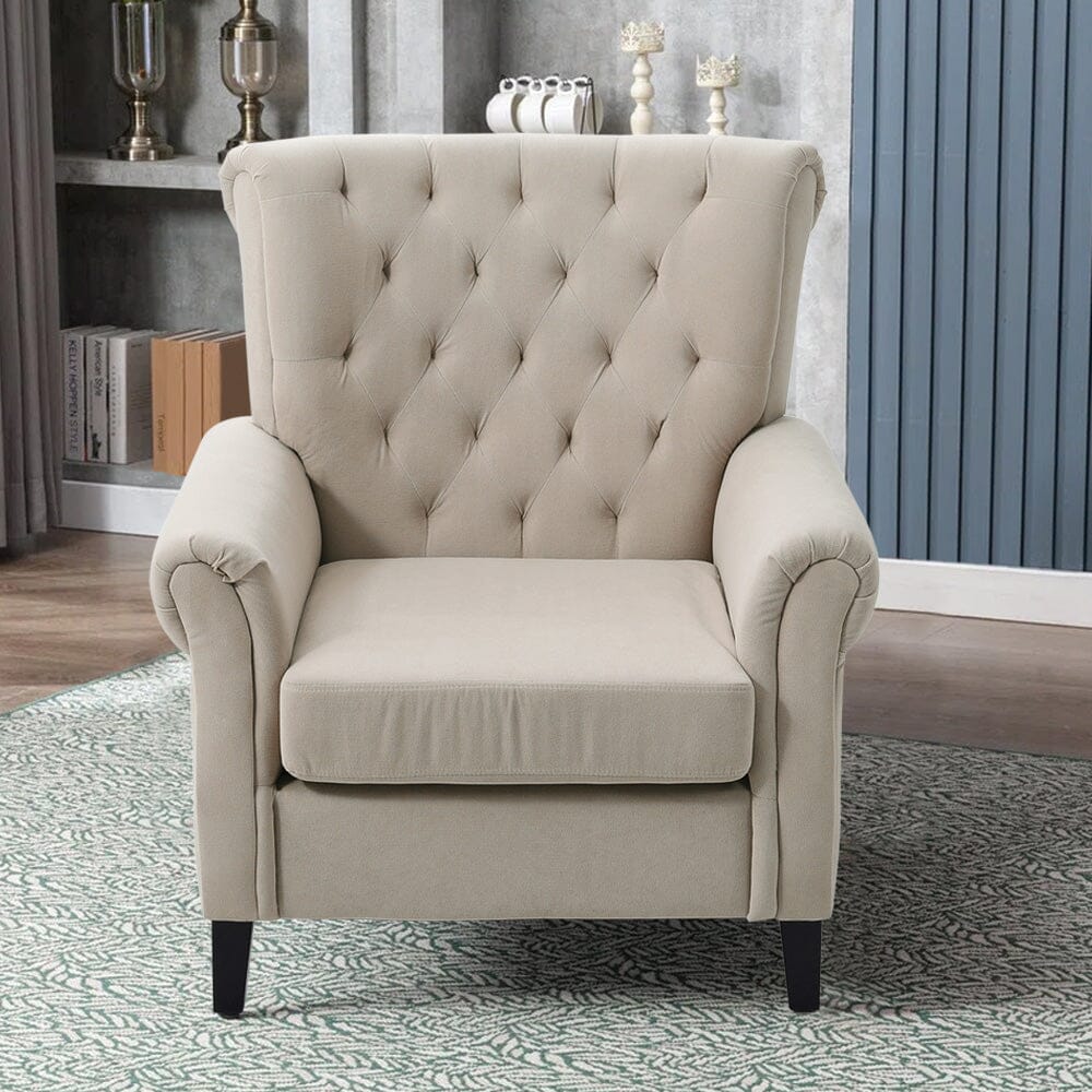 Accent Chair Velvet Beige Grey Oak Legs Wooden Frame Living and Home 