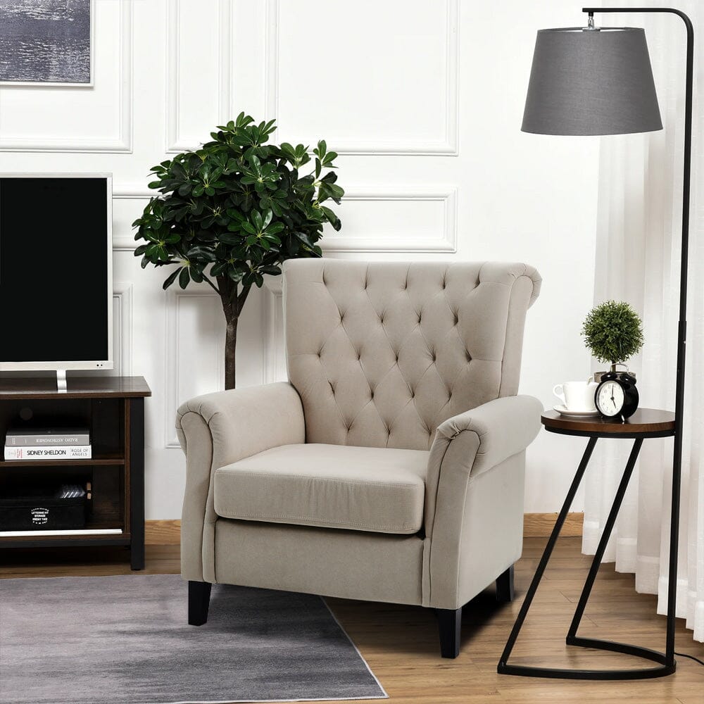 Accent Chair Velvet Beige Grey Oak Legs Wooden Frame Living and Home 