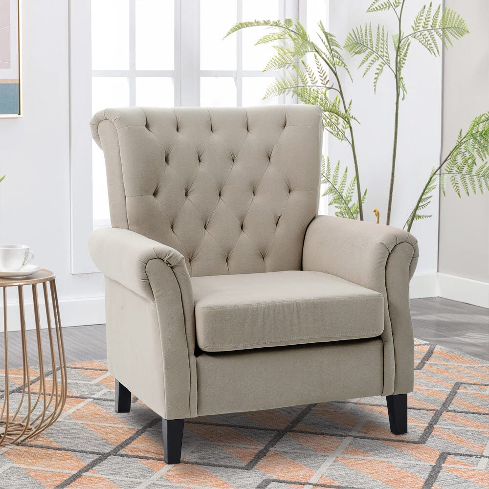 Accent Chair Velvet Beige Grey Oak Legs Wooden Frame Living and Home 