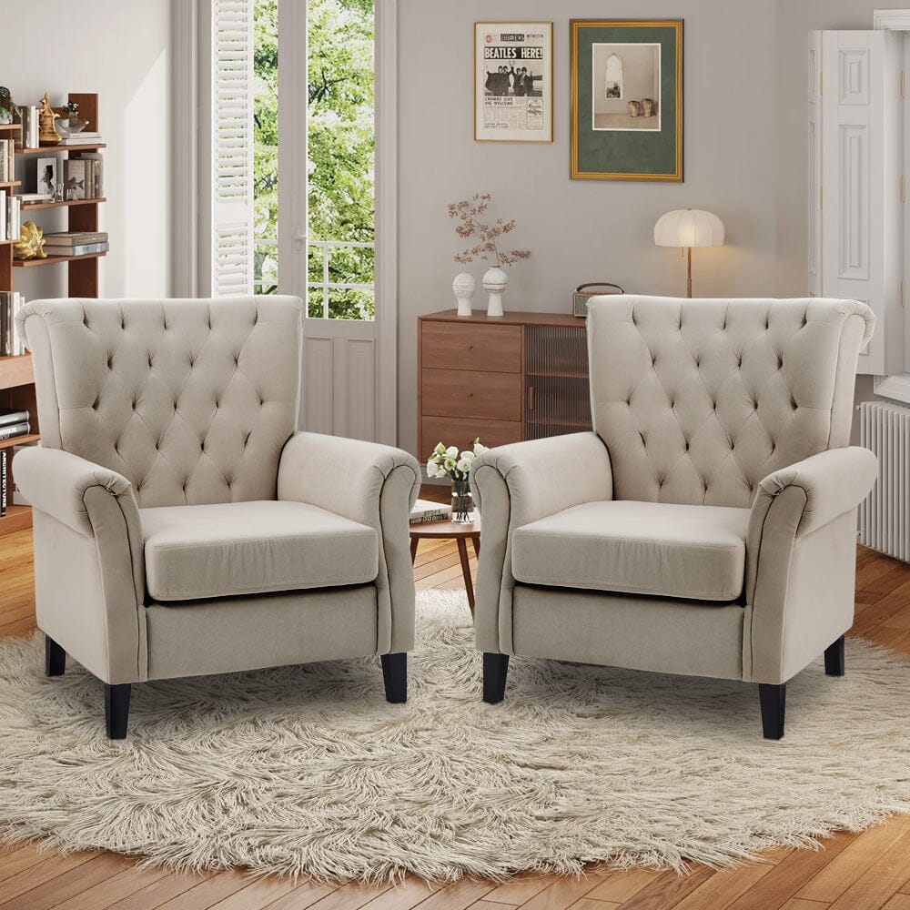 Accent Chair Velvet Beige Grey Oak Legs Wooden Frame Living and Home 