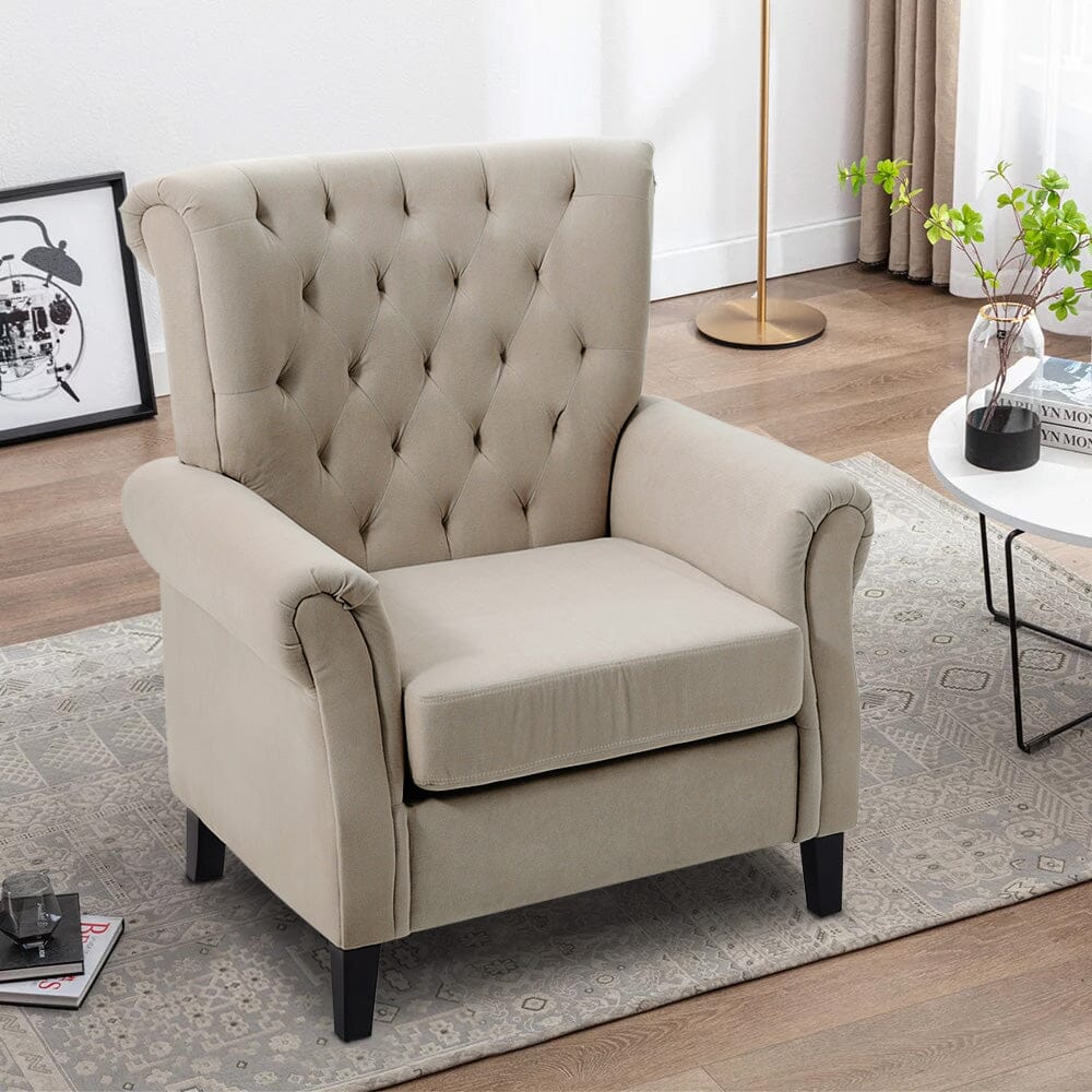 Accent Chair Velvet Beige Grey Oak Legs Wooden Frame Living and Home 