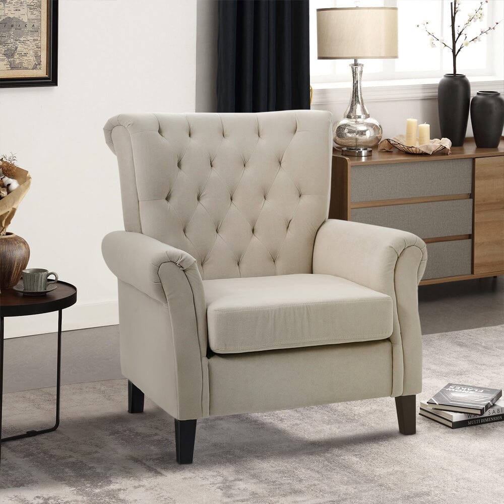 Accent Chair Velvet Beige Grey Oak Legs Wooden Frame Living and Home 