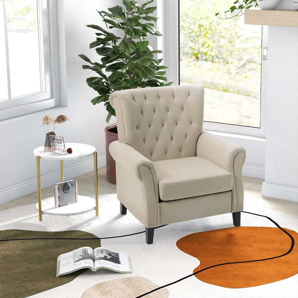 Accent Chair Velvet Beige Grey Oak Legs Wooden Frame Living and Home 