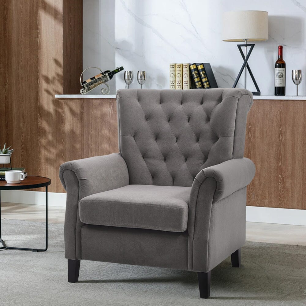 Accent Chair Velvet Beige Grey Oak Legs Wooden Frame Living and Home 