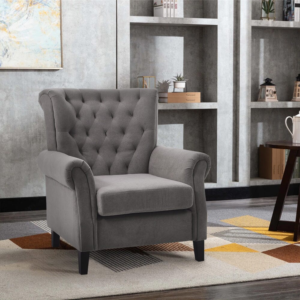 Accent Chair Velvet Beige Grey Oak Legs Wooden Frame Living and Home 