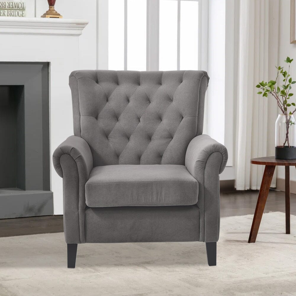 Accent Chair Velvet Beige Grey Oak Legs Wooden Frame Living and Home 