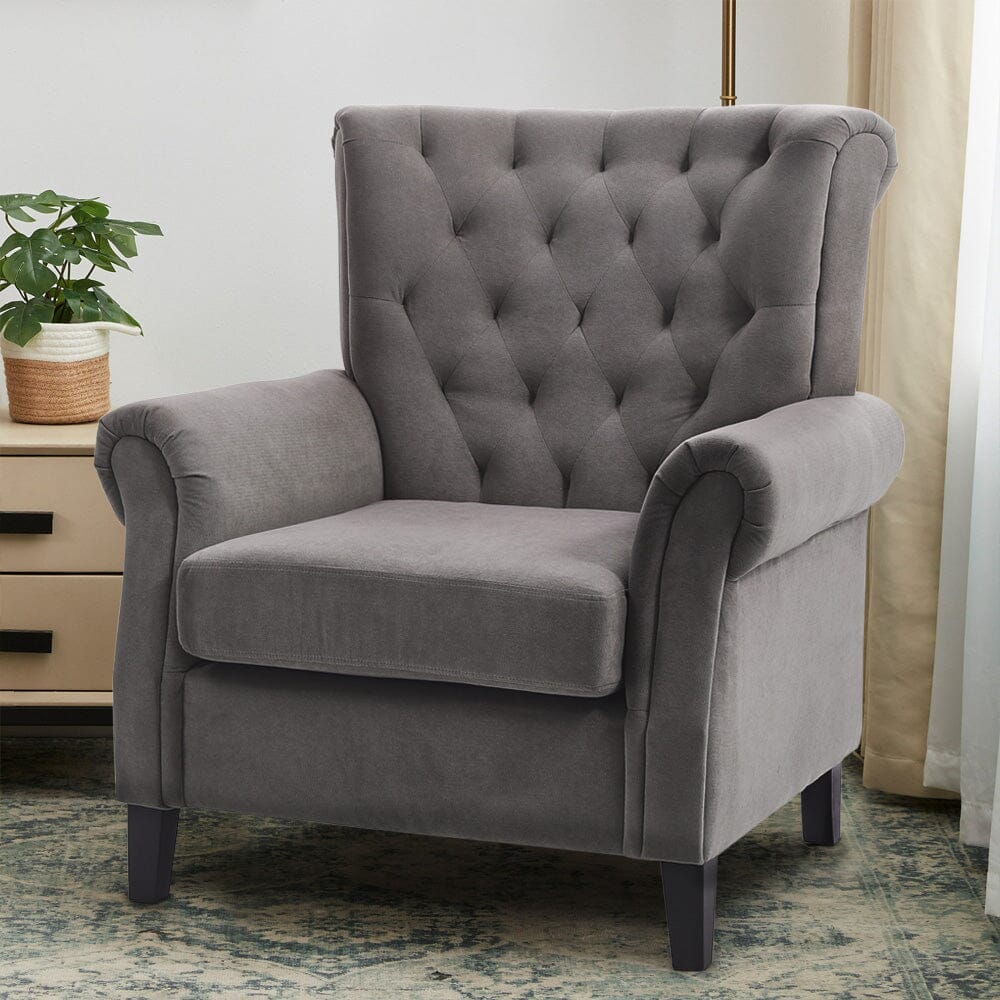 Accent Chair Velvet Beige Grey Oak Legs Wooden Frame Living and Home 