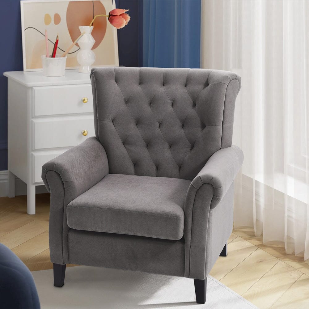 Accent Chair Velvet Beige Grey Oak Legs Wooden Frame Living and Home 