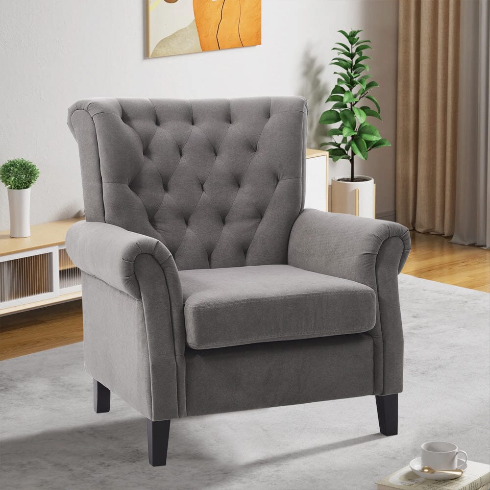 Accent Chair Velvet Beige Grey Oak Legs Wooden Frame Living and Home 