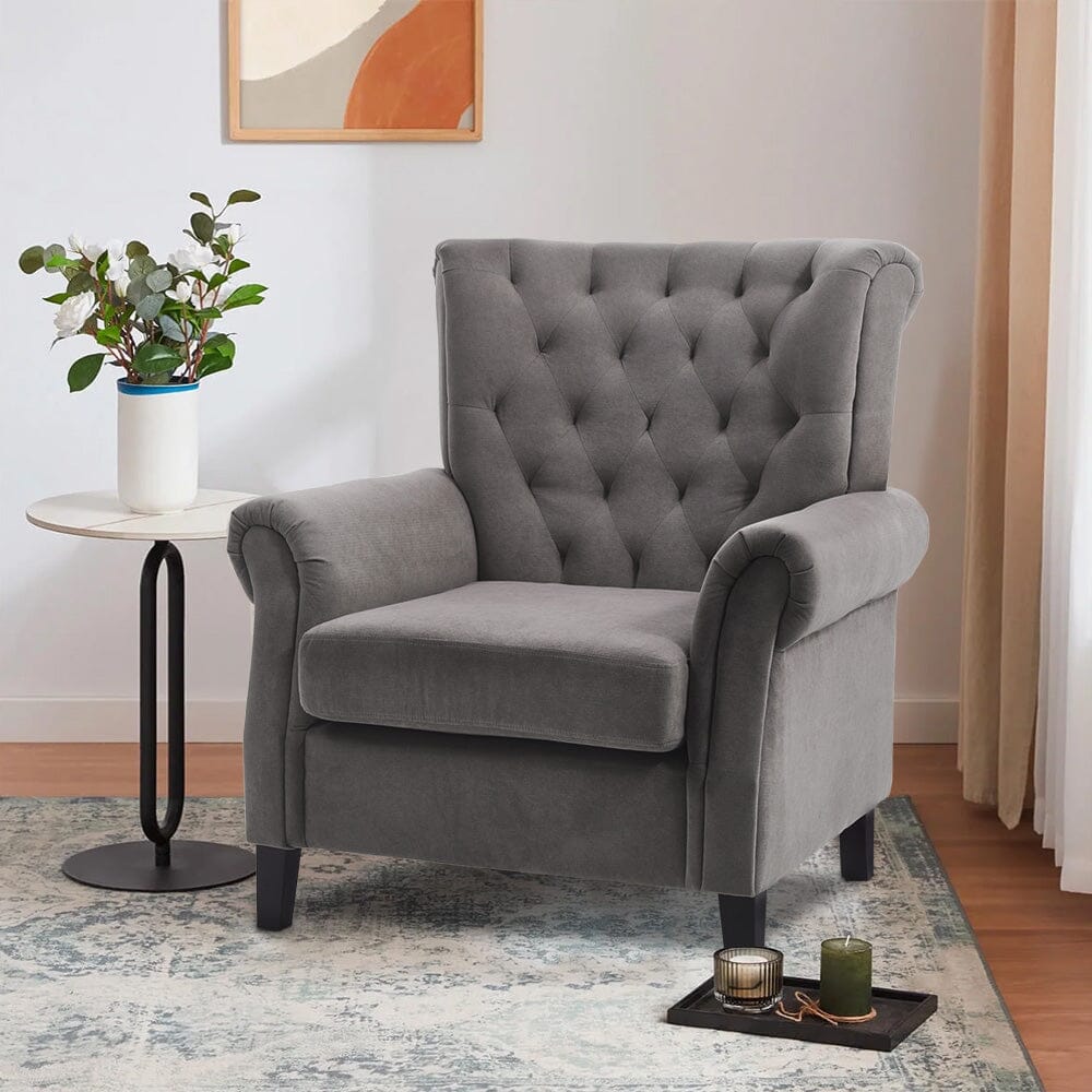 Accent Chair Velvet Beige Grey Oak Legs Wooden Frame Living and Home Grey 