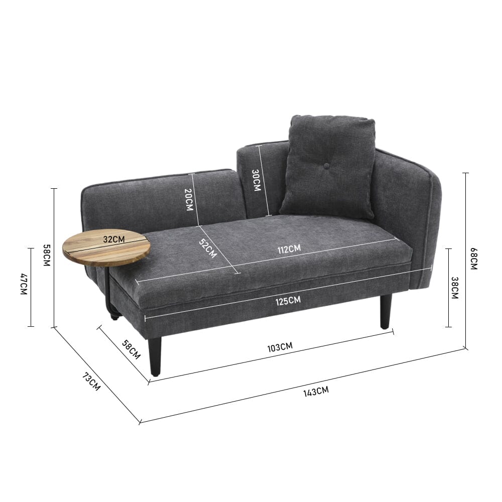 Chaise Lounge with Side Table Grey Fine Linen Oak Legs Wooden Frame Living and Home 