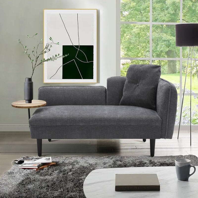 Chaise Lounge with Side Table Grey Fine Linen Oak Legs Wooden Frame Living and Home 
