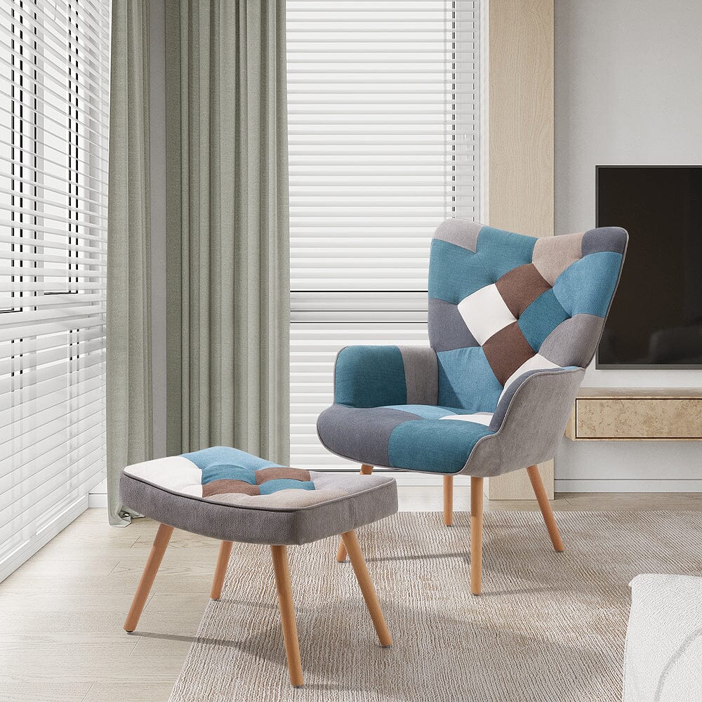 Patchwork Accent Chair with Ottoman Living and Home Brown & Blue 