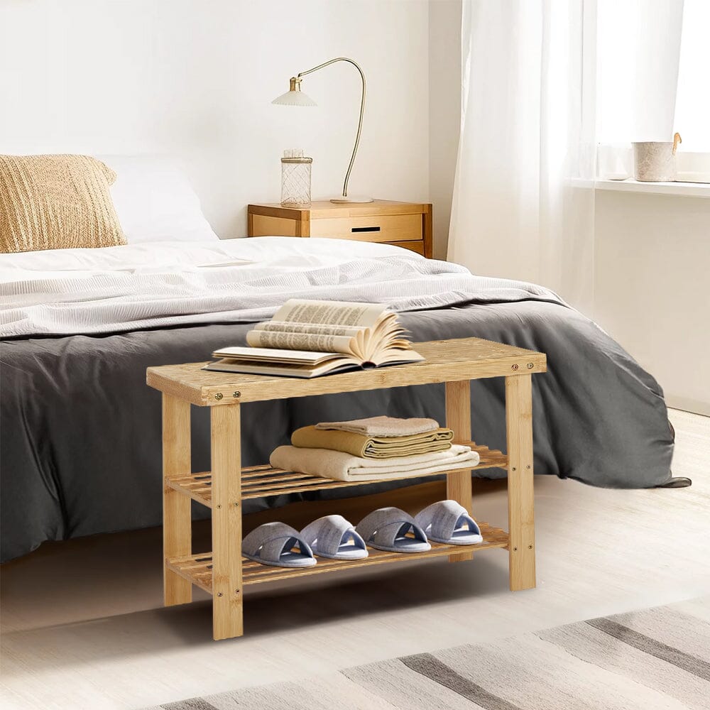 Natural Bamboo 3-Tier Shoe Rack Hallway Storage Organiser Living and Home 