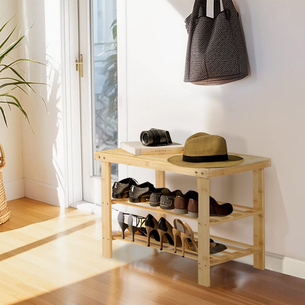 Natural Bamboo 3-Tier Shoe Rack Hallway Storage Organiser Living and Home 