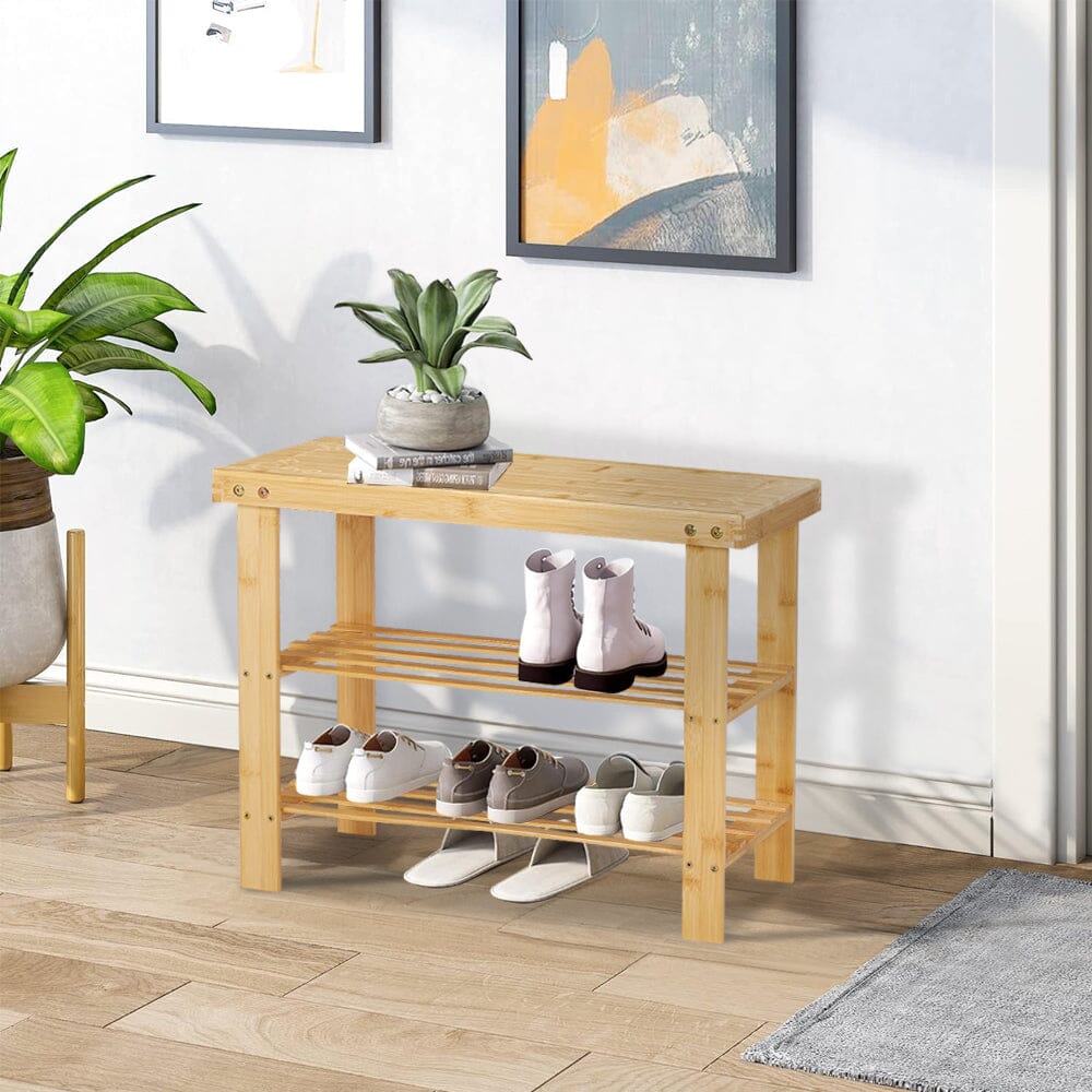 Natural Bamboo 3-Tier Shoe Rack Hallway Storage Organiser Living and Home 