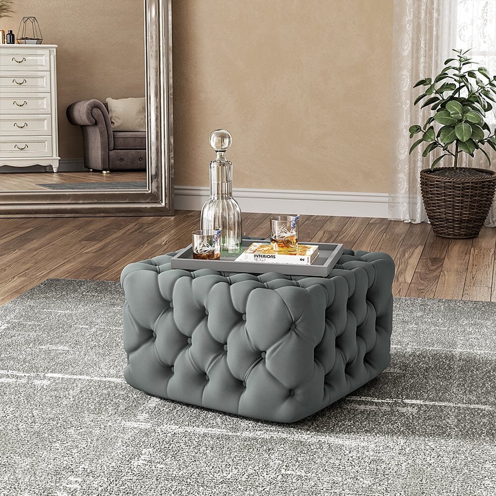 Chesterfield Style Tufted Square Ottoman Grey Velvet Living and Home 
