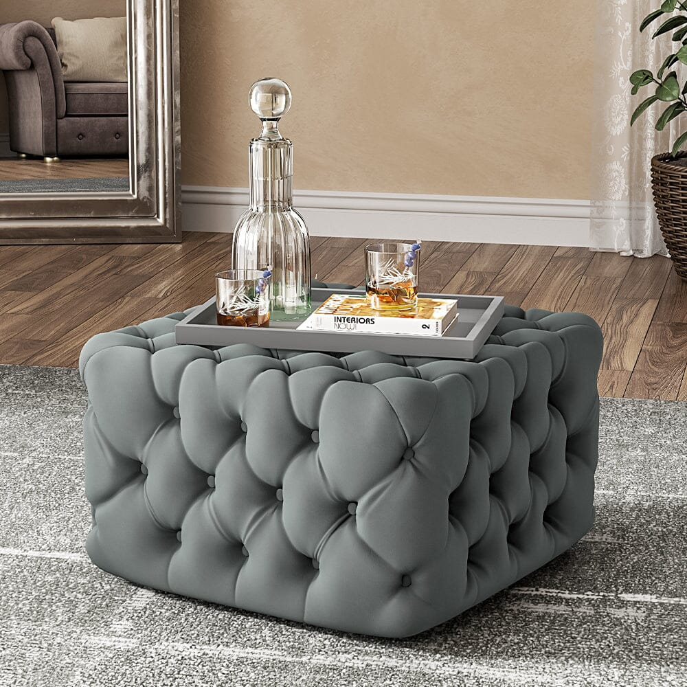 Chesterfield Style Tufted Square Ottoman Grey Velvet Living and Home 