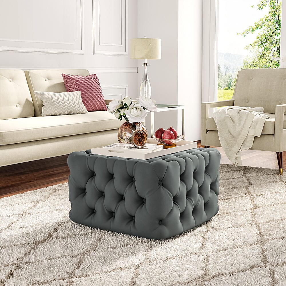 Chesterfield Style Tufted Square Ottoman Grey Velvet Living and Home 