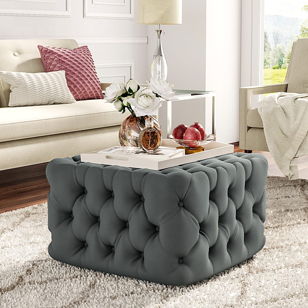 Chesterfield Style Tufted Square Ottoman Grey Velvet Living and Home 
