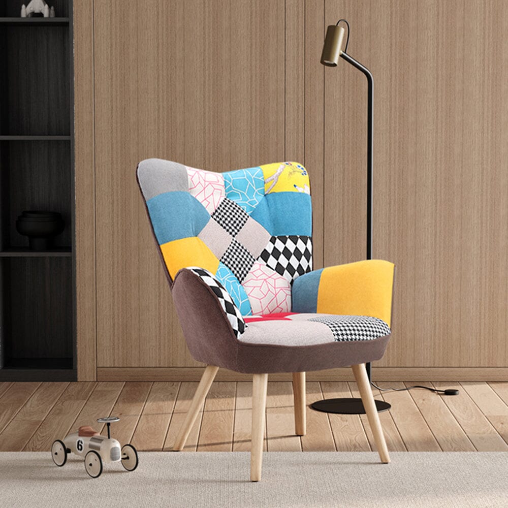 Scandinavian Style Upholstered Accent Chair – Compact Oak Leg Design Living and Home Patchwork 