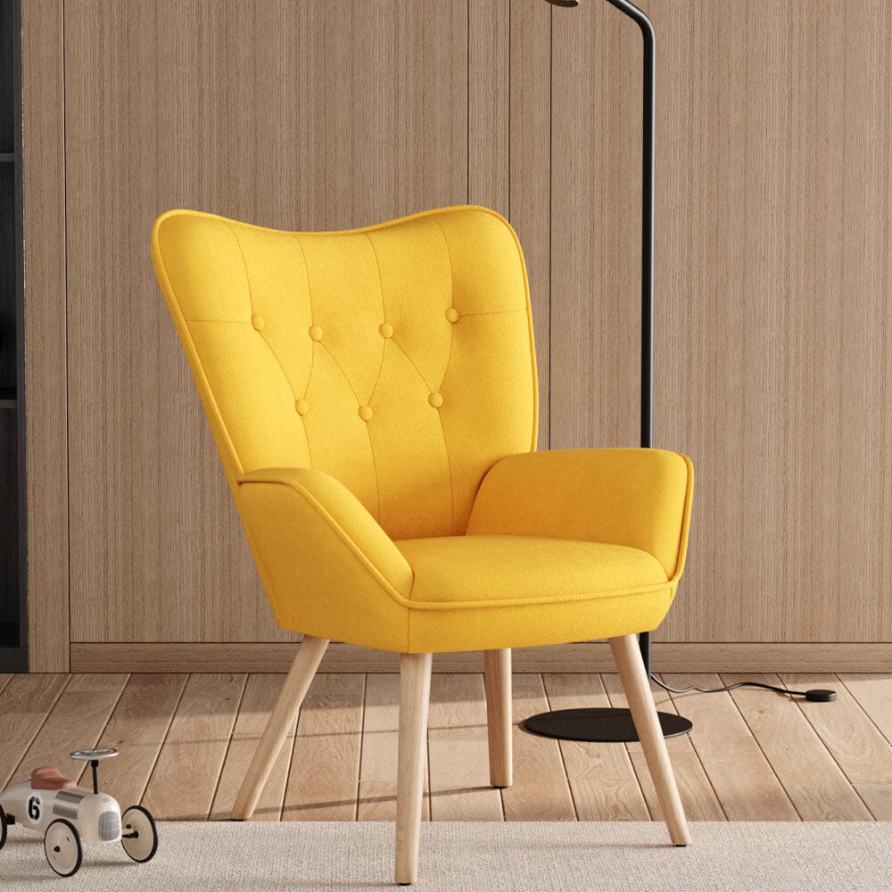 Scandinavian Style Upholstered Accent Chair – Compact Oak Leg Design Living and Home Yellow 