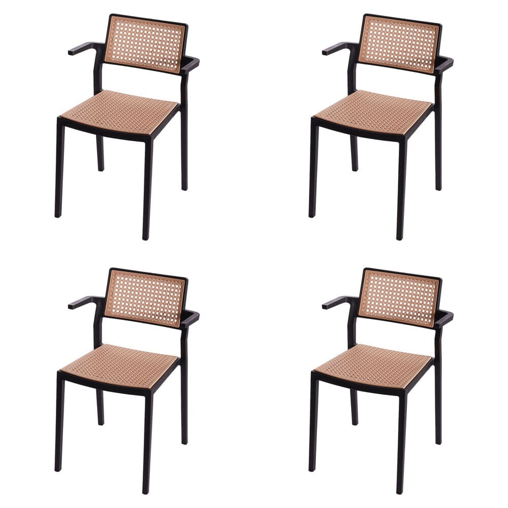 Stackable Plastic Rattan Look Dining Chairs with Armrests – Set of 4 Living and Home Black 