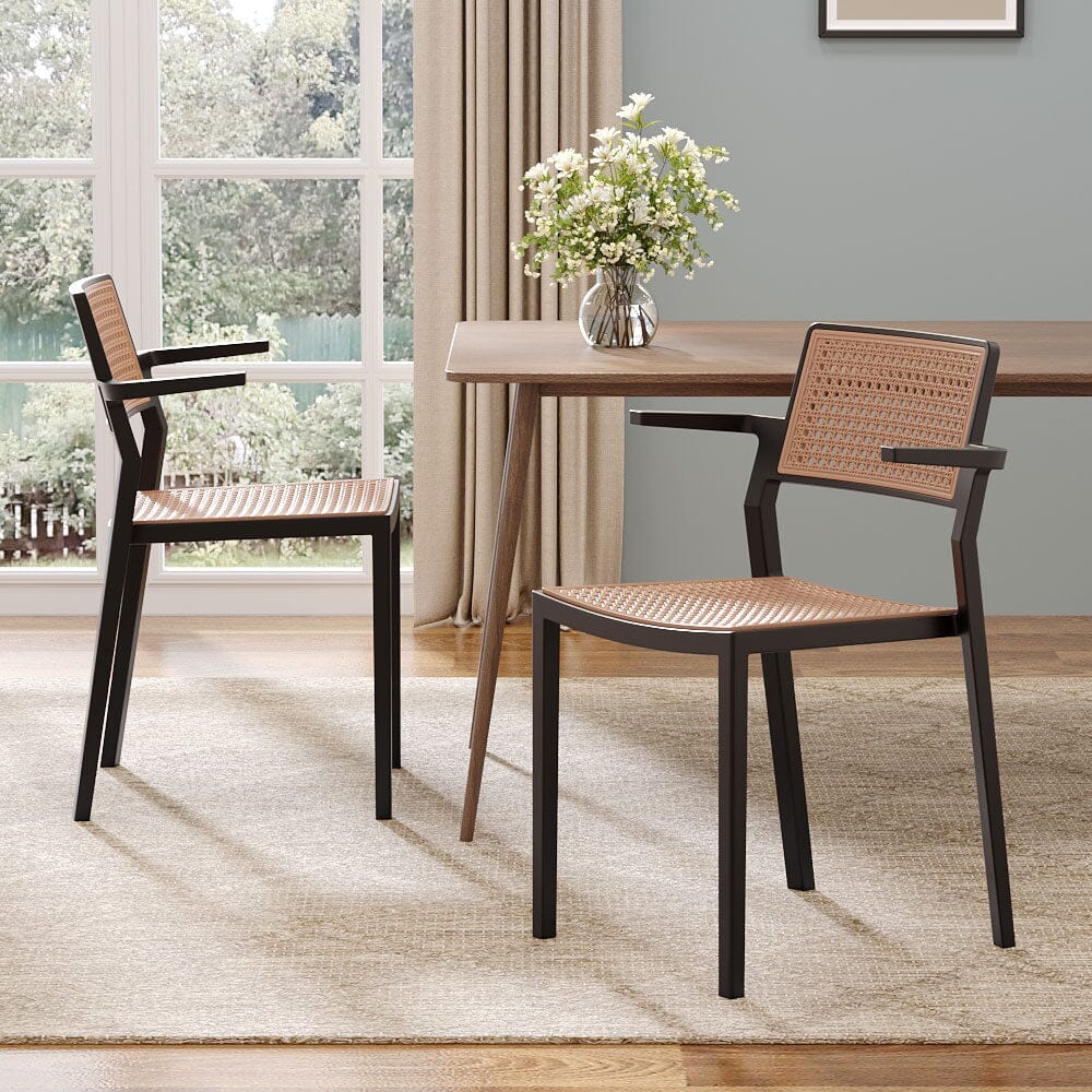 Stackable Plastic Rattan Look Dining Chairs with Armrests – Set of 4 Living and Home 