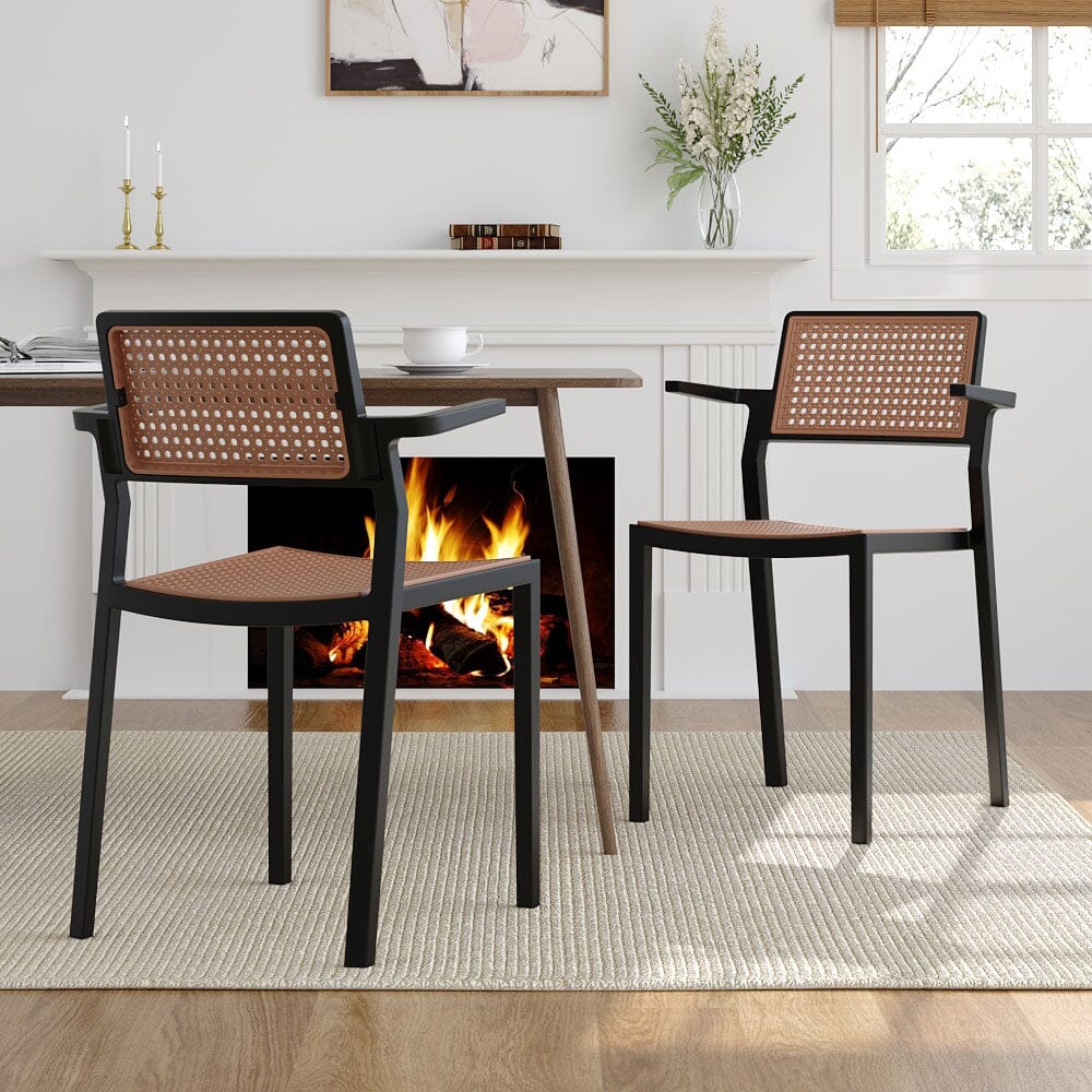 Stackable Plastic Rattan Look Dining Chairs with Armrests – Set of 4 Living and Home 